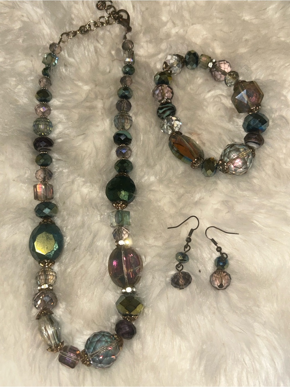 Multicolor Glass Bead Necklace, Bracelet & Earring Set